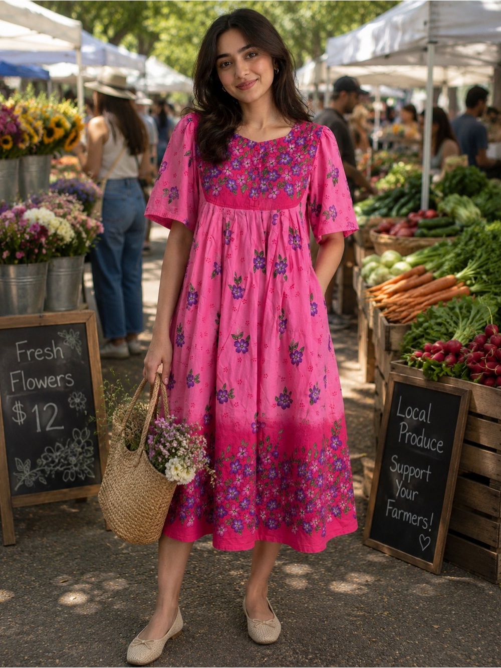 Phases Pink Bib-Front Floral Midi Dress  Size-Medium Vintage Boho (100% Cotton)